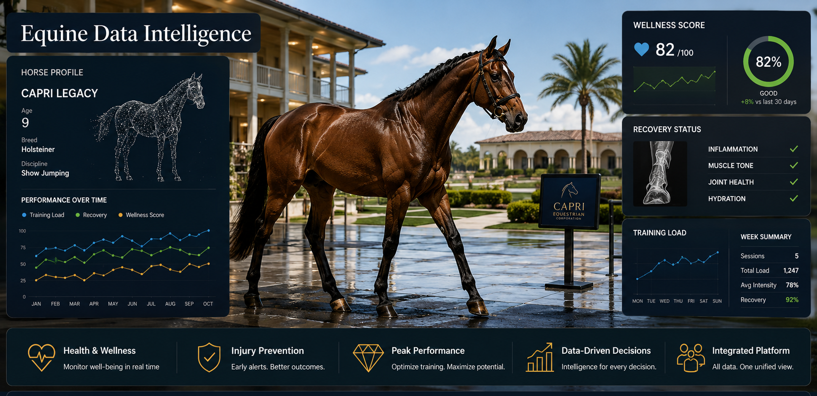 CAPRI equine data intelligence dashboard for performance analytics and wellness metrics