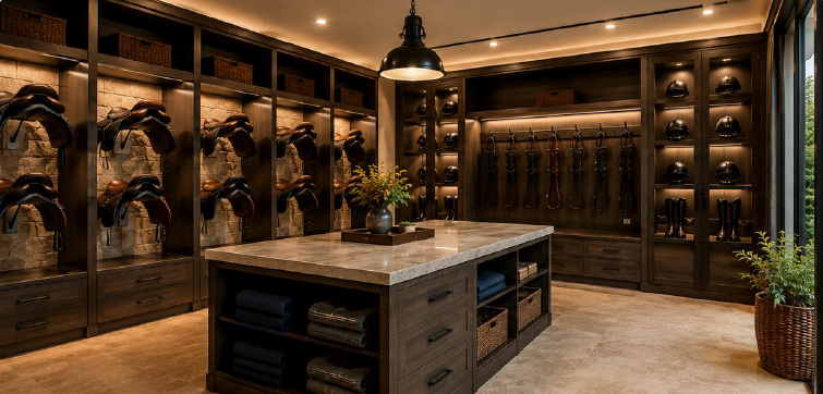 Concept rendering &mdash; premium tack room with saddle cabinets