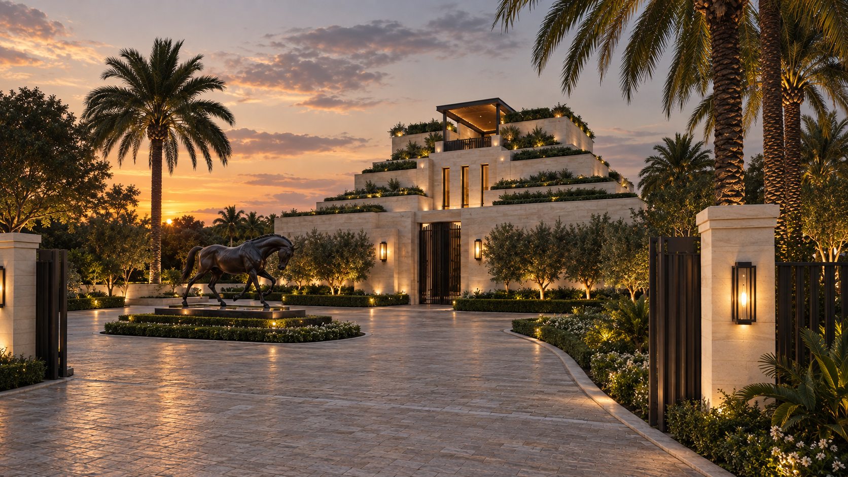 Concept rendering &mdash; CAPRI clubhouse and arrival court at dusk