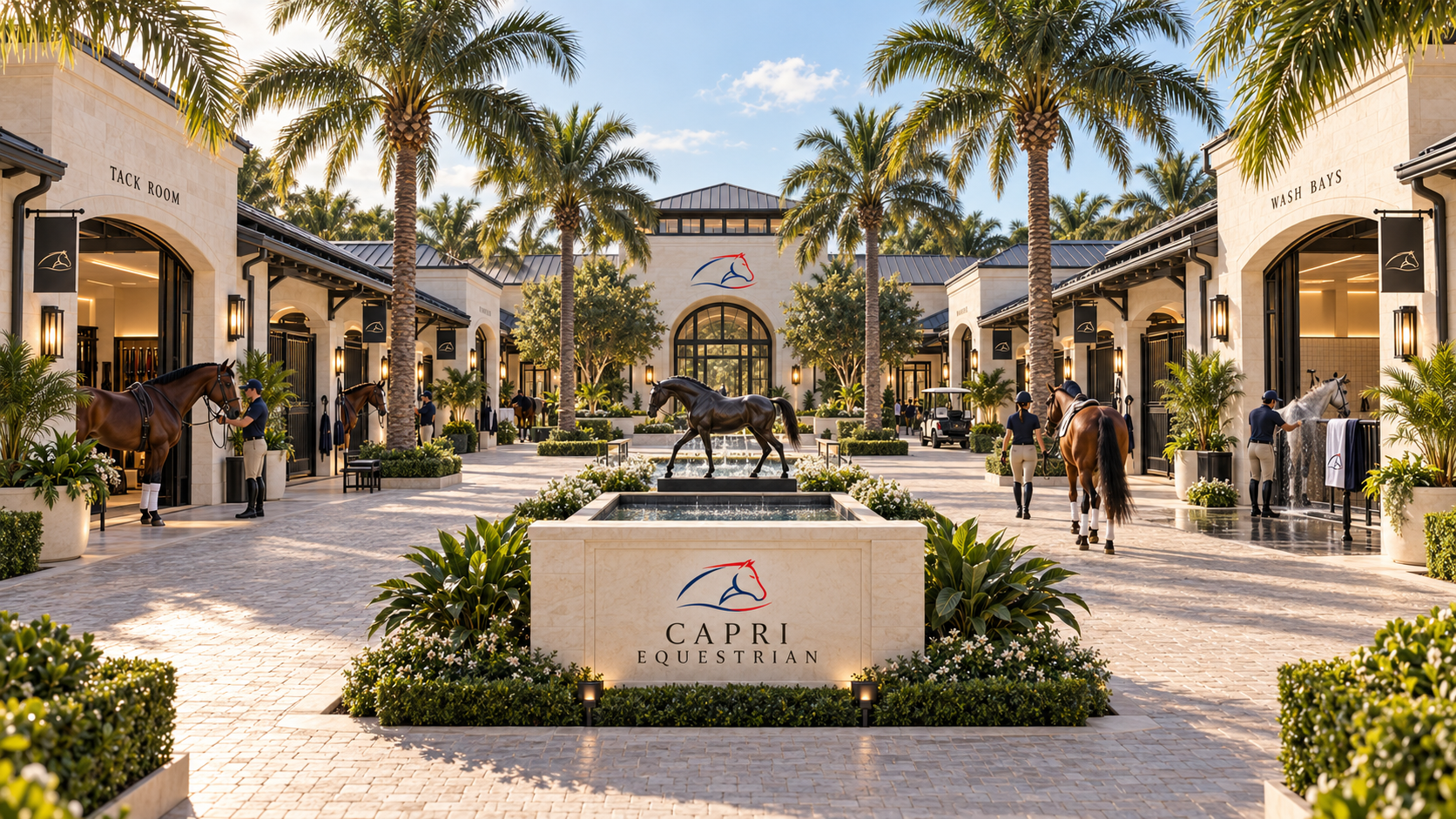 Concept rendering &mdash; CAPRI stable courtyard: tack room, wash bays and daily care