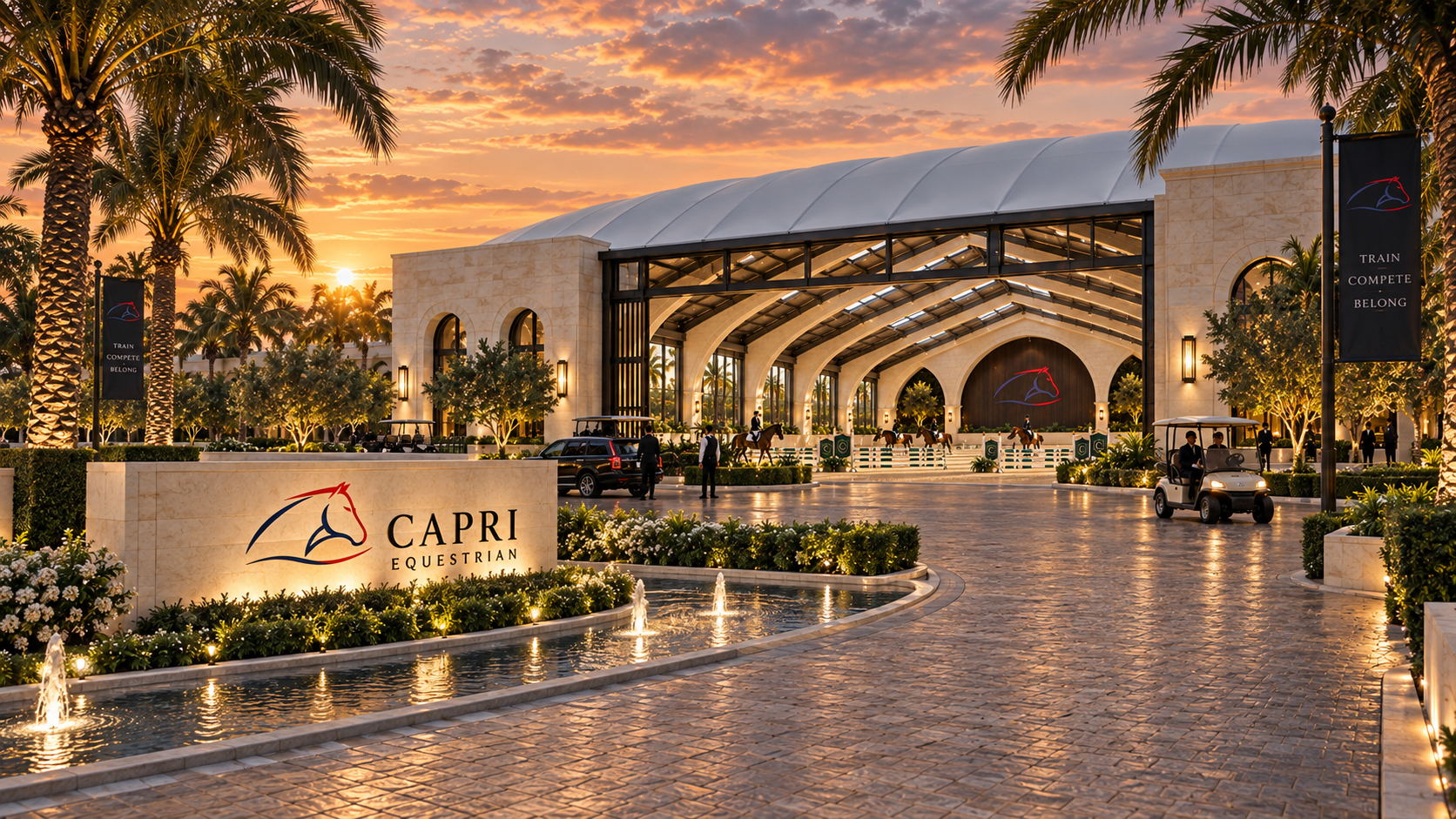 Concept rendering &mdash; CAPRI arrival court and covered arena at dusk