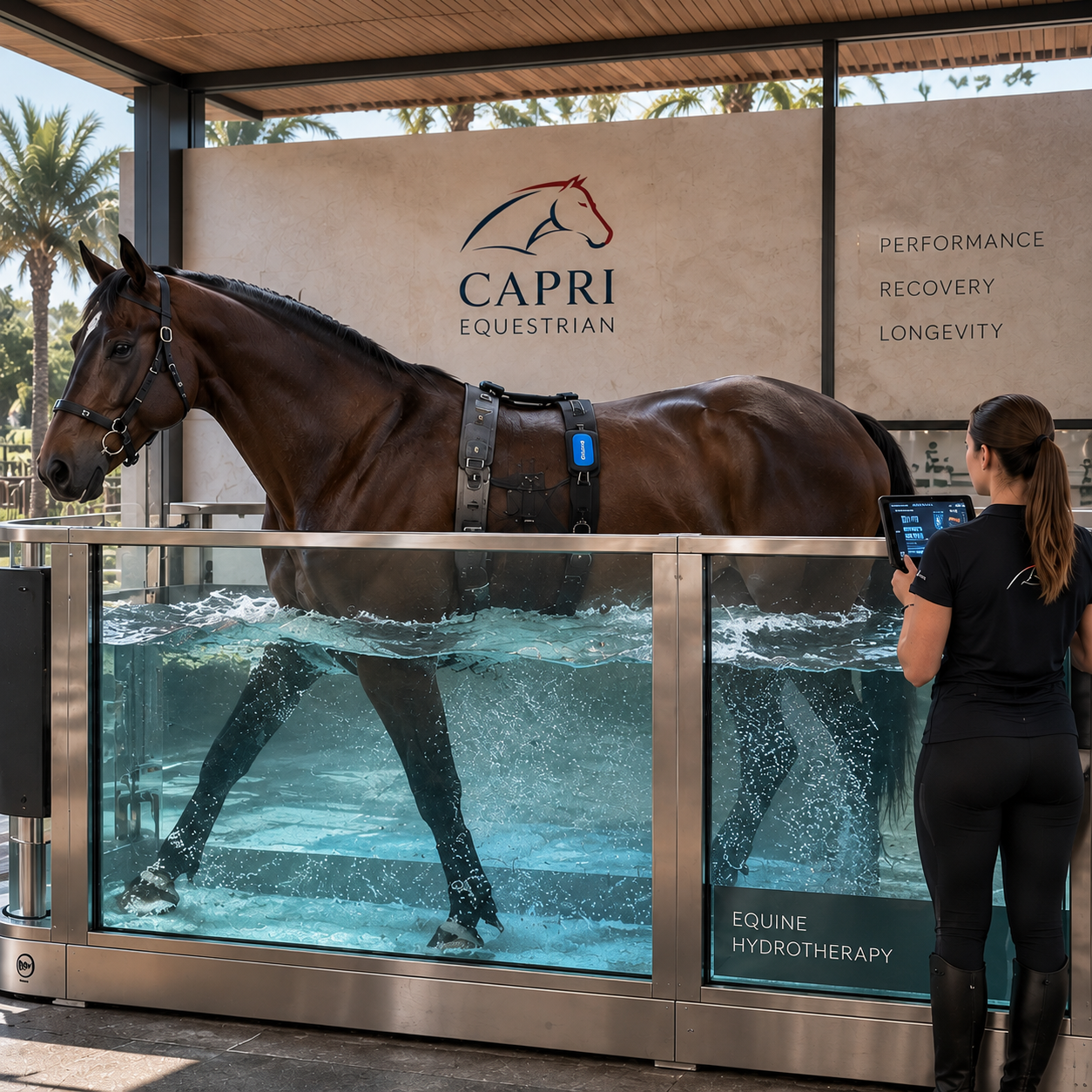 Concept rendering &mdash; equine hydrotherapy: water-treadmill session monitored on tablet