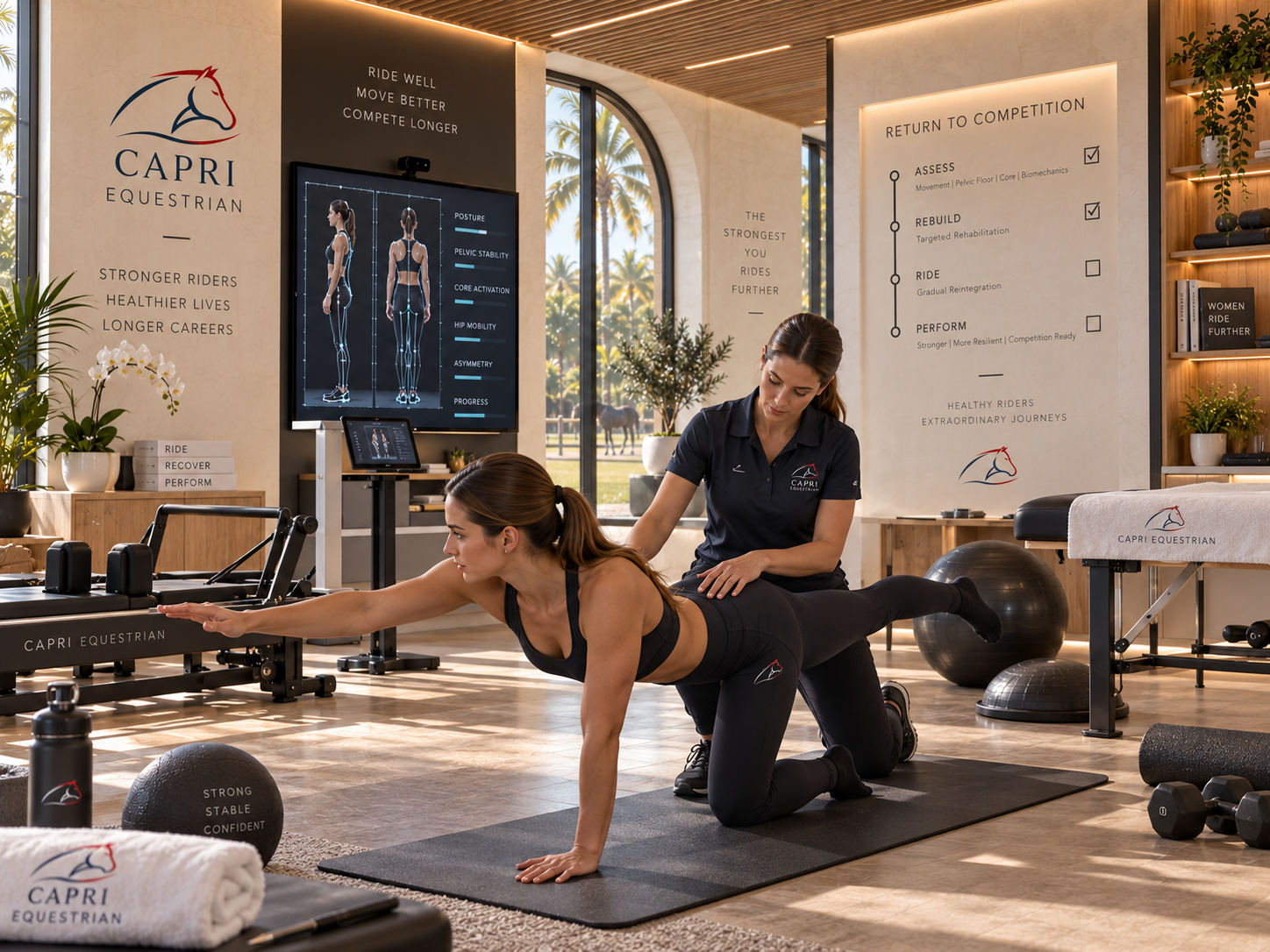 Concept rendering &mdash; rider movement and pelvic-stability analysis in the CAPRI rider-health room