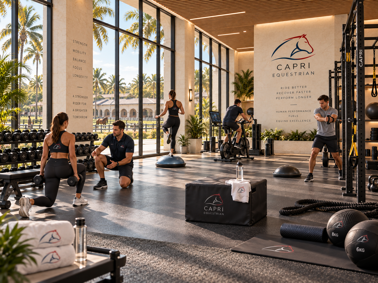 Concept rendering &mdash; rider performance gym overlooking the stables