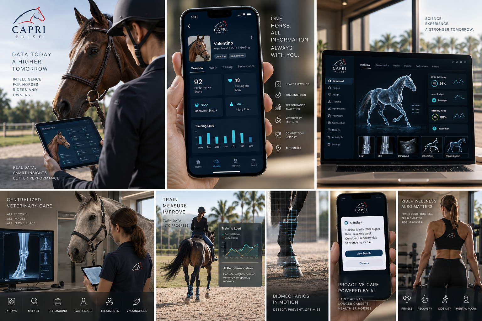 CAPRI Pulse &mdash; centralized veterinary care, training load, biomechanics in motion and rider wellness (concept interface, illustrative data)