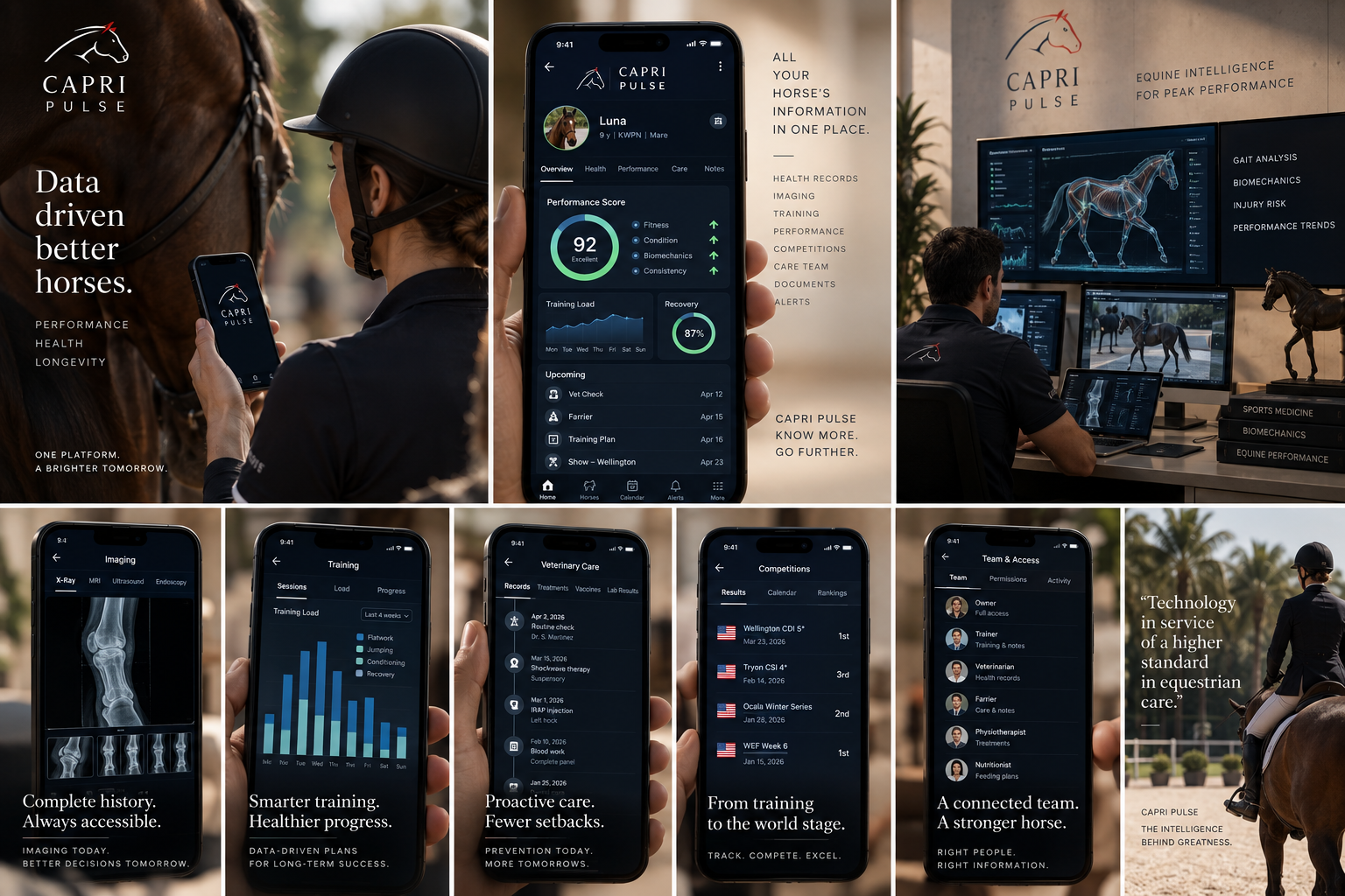 CAPRI Pulse &mdash; owner app, biomechanics analysis and care-team screens (concept interface, illustrative data)